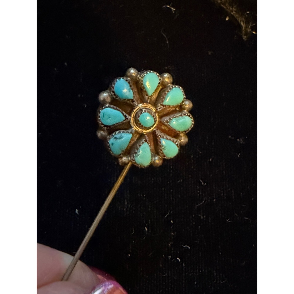 Native American Zuni Sterling Silver & Turquoise Flower Stickpin